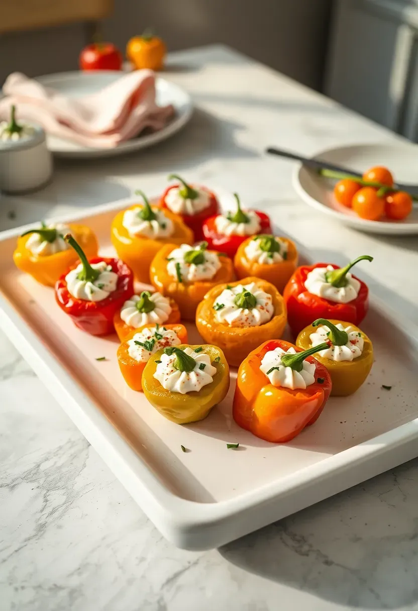 colorful stuffed mini bell peppers with cream cheese filling on a white serving tray at a baby shower