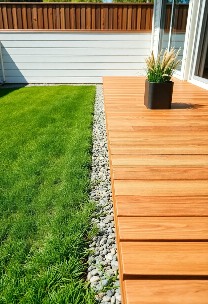 Low-profile backyard deck just a few inches above ground level with wide flush steps leading to a manicured lawn and garden path