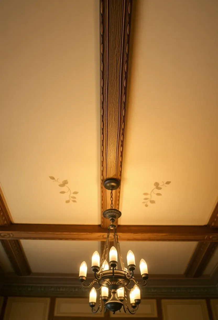 Decorative exposed timber beams with carved floral motifs in Art Nouveau-style dining room ceiling