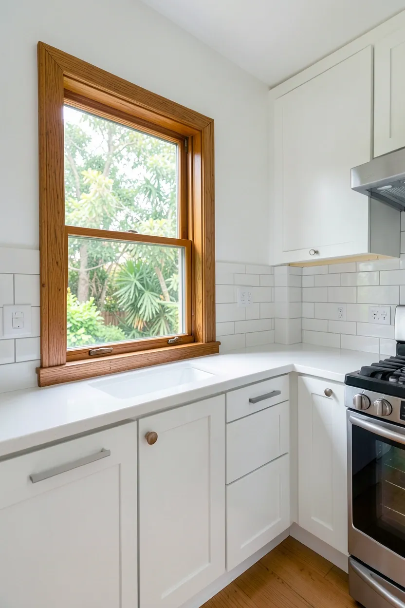 Warm wood window trim framing a kitchen window with natural light highlighting the oak grain against light-colored walls
