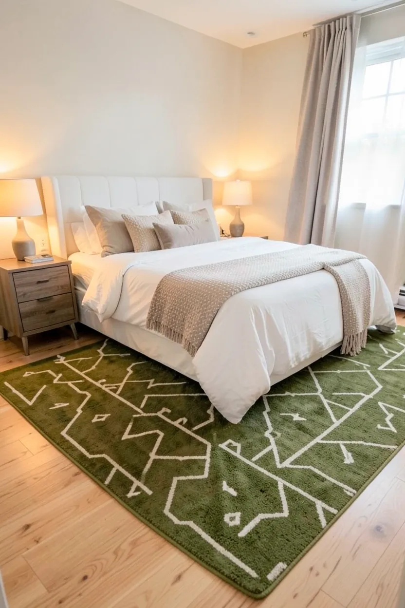 Olive green bedroom walls paired with light oak wood dresser, jute rug, and potted plants — earthy organic bedroom decor