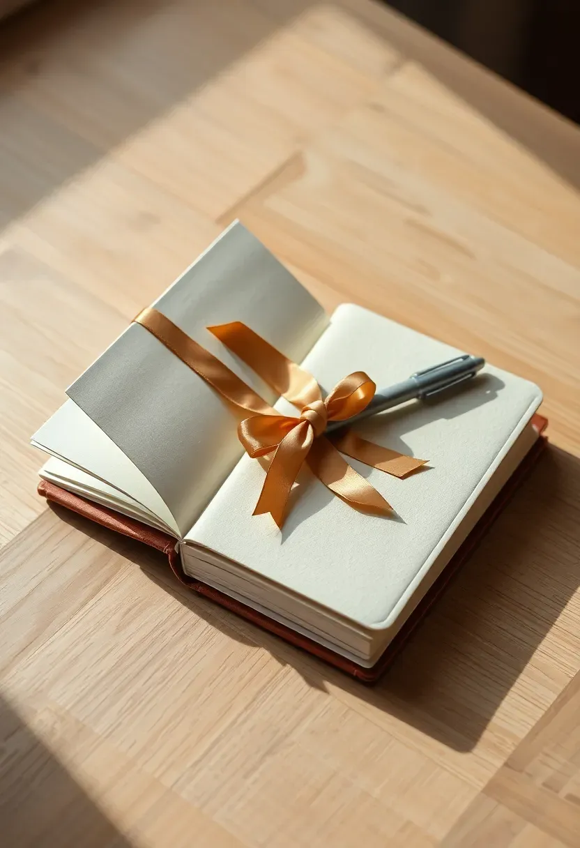 small hardcover book and cream journal with satin ribbon and ribbon bookmark on oak wood surface