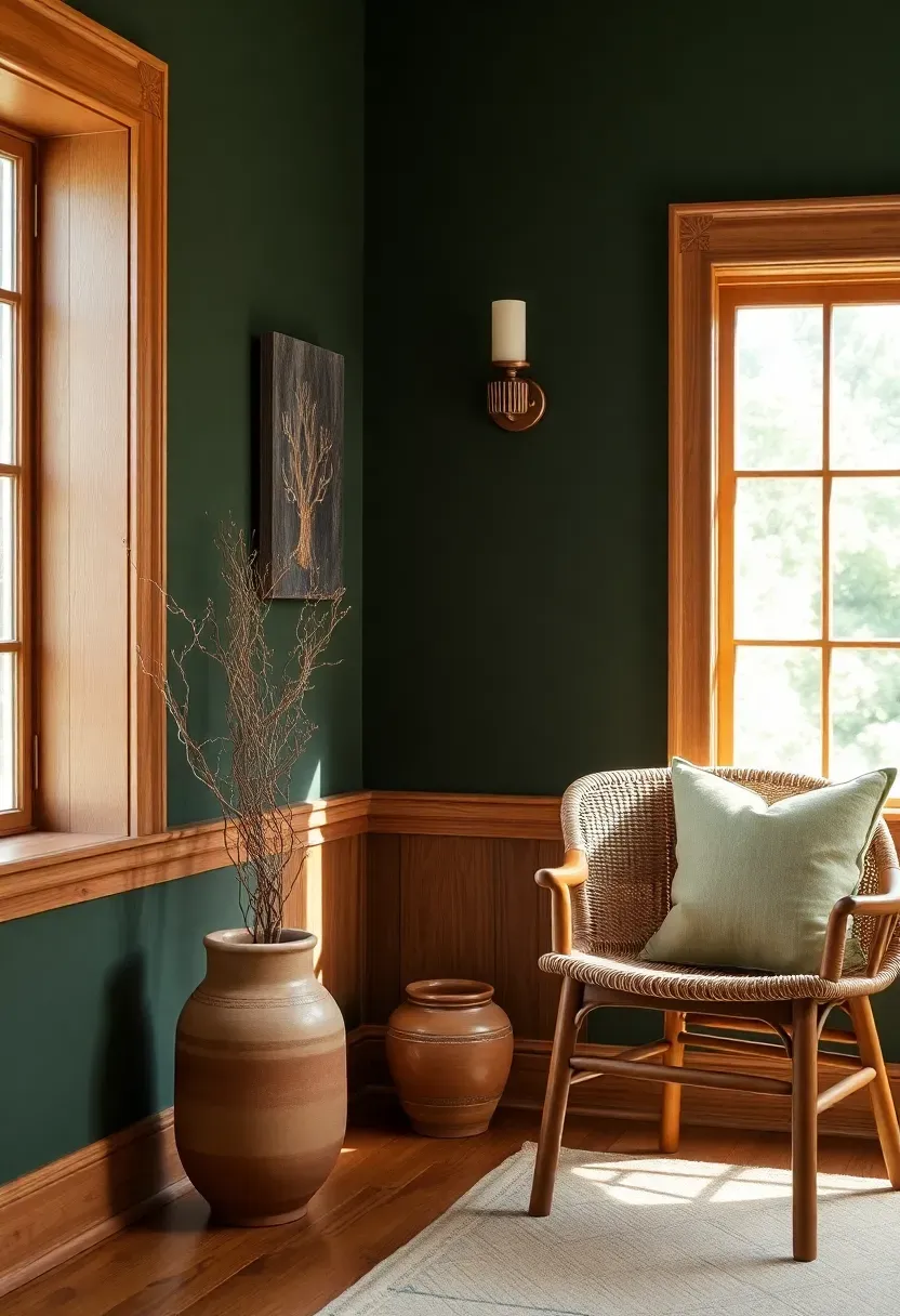 Arts and Crafts interior with earthy color palette of forest green walls, warm oak trim, and terracotta accents