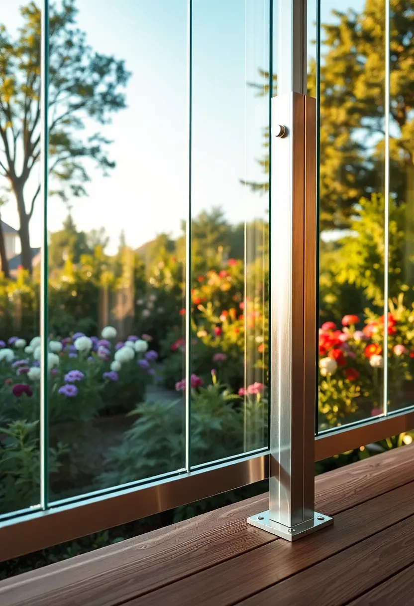 Tempered glass panel fence on a modern deck overlooking a backyard garden with unobstructed views through clear panels