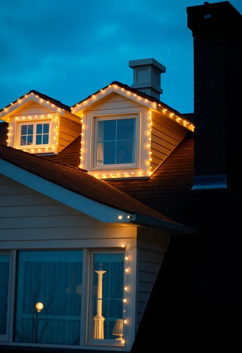 Hyper-realistic elevated view focusing on a residential roofline featuring two dormer windows and one central chimney, all accented with warm white mini light strands outlining their architectural details, with main roofline lighting also visible below. Materials: dark architectural shingles, white dormer siding and trim, dark chimney with white cap detail, winter sky visible beyond. Natural evening darkness with warm white lights creating elegant architectural definition of upper features while main roof remains mostly dark for contrast, cool blue ambient sky. Sophisticated elevated mood like luxury estate holiday display. Shallow depth of field, sharp details on dormer lighting, elevated composition emphasizing vertical features, dramatic shadows, no text or watermarks.</p>