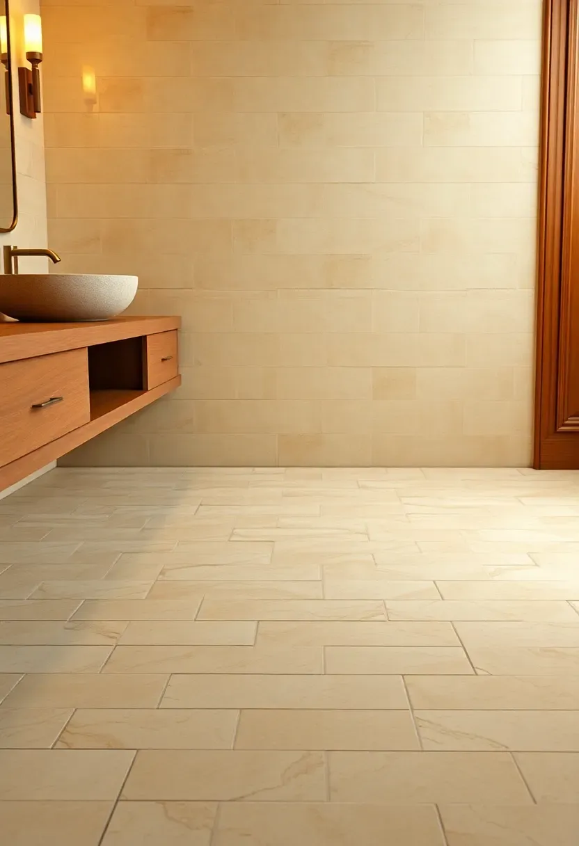 Travertine tiles in a running bond layout in warm ivory and gold tones on a bathroom floor with stone vessel sink