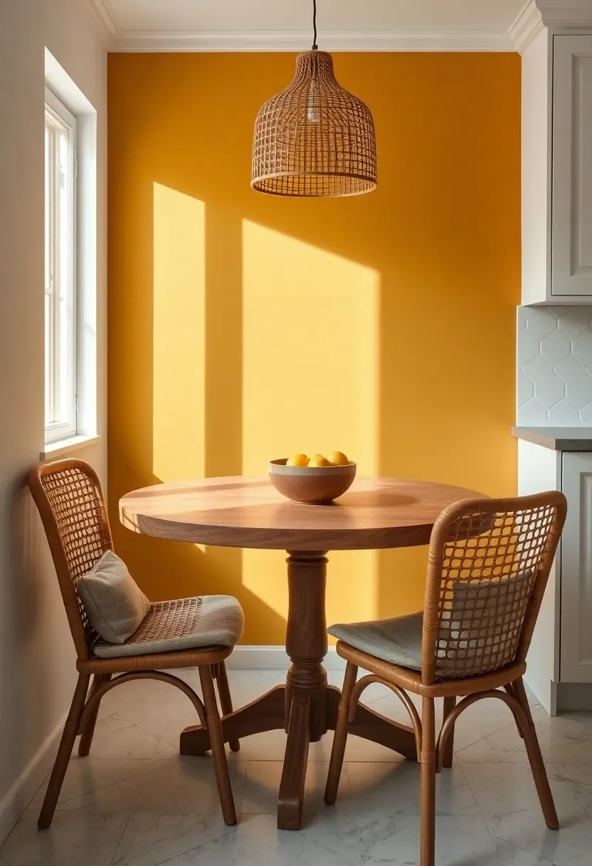 kitchen breakfast nook with mustard yellow accent wall behind a round wooden table and rattan dining chairs