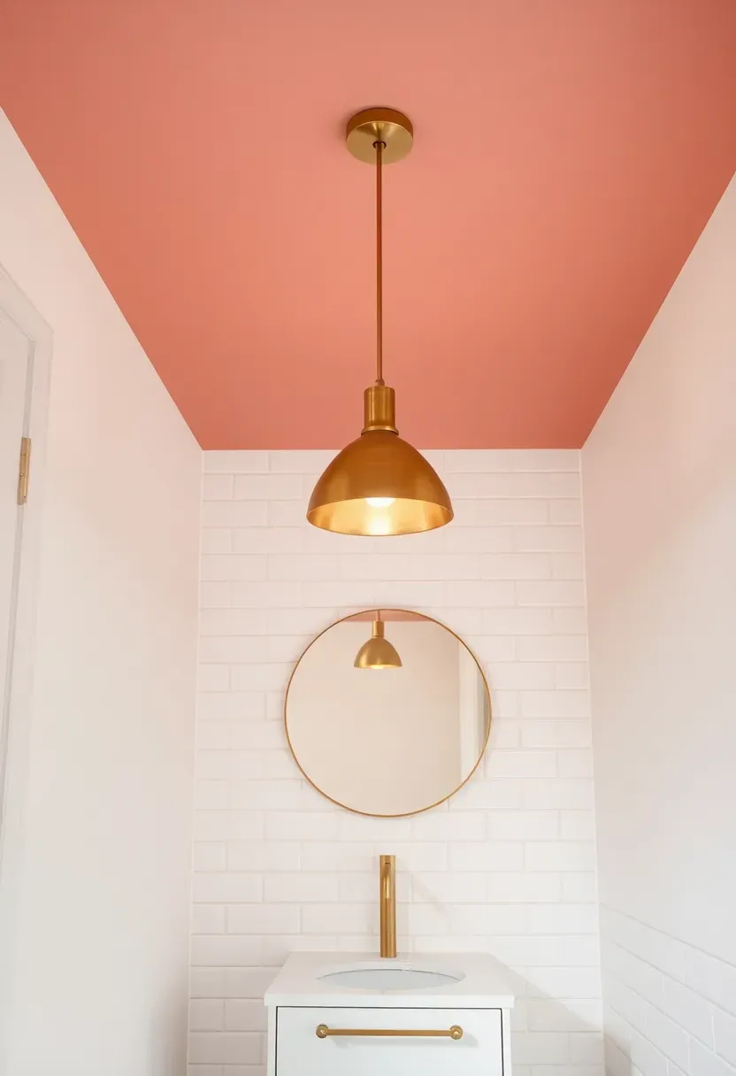 Bathroom with white walls and a dusty rose painted ceiling creating a subtle warm overhead glow
