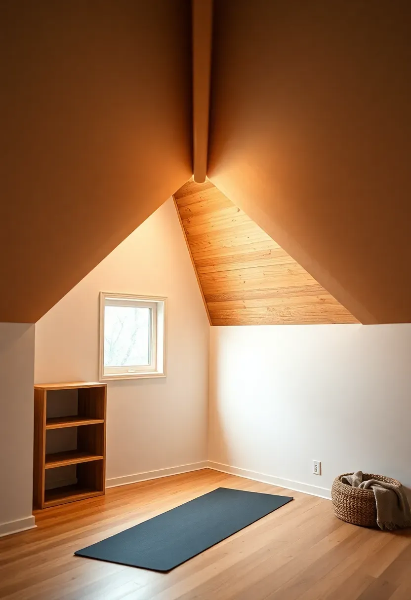Attic eave workout nook with sloped ceiling, skylight, rubber flooring, and built-in shelves under the lowest eave points storing gym equipment