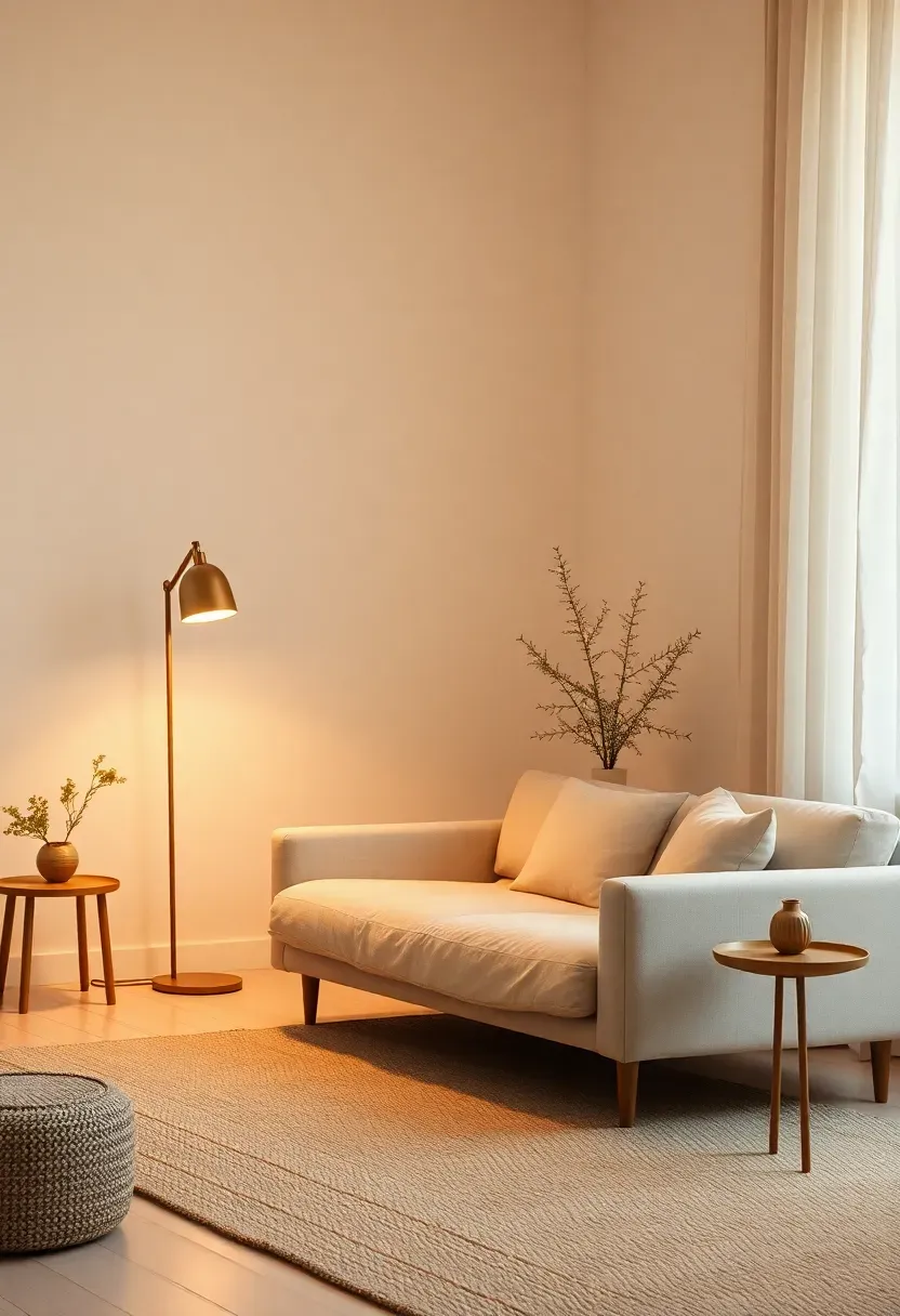 Hyper-realistic 3/4 view of a minimalist living room with layered lighting, floor lamp, table lamp, low sofa. Materials: linen upholstery, white oak floor, brushed brass, wool rug. Warm diffused lamp light, creamy neutrals with amber highlights. Mood: cozy, minimal, evening calm. Shallow depth of field, sharp details on products, balanced composition, soft shadows, visible room context. No text, no logos, no watermarks.</p>