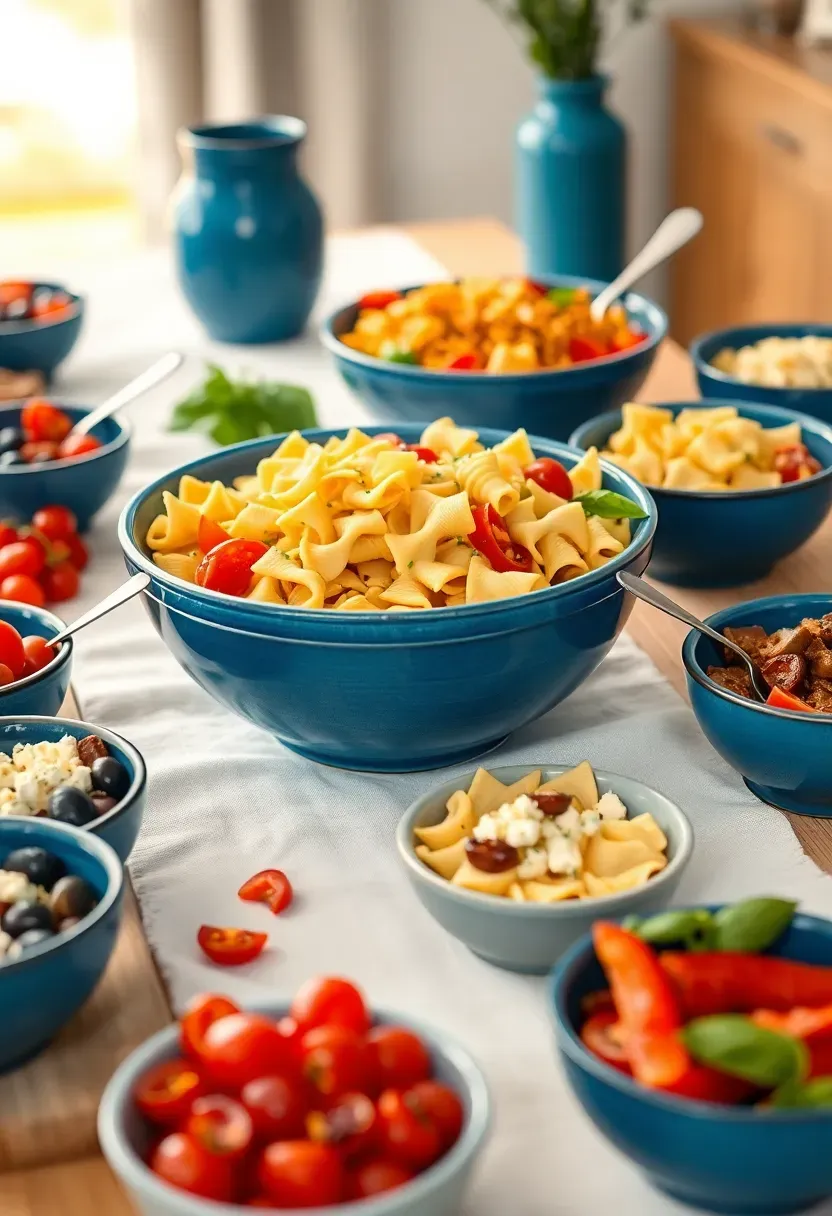 colorful bow tie pasta salad bar with blue bowls, cherry tomatoes, feta cheese, olives, and fresh herbs at a baby shower buffet
