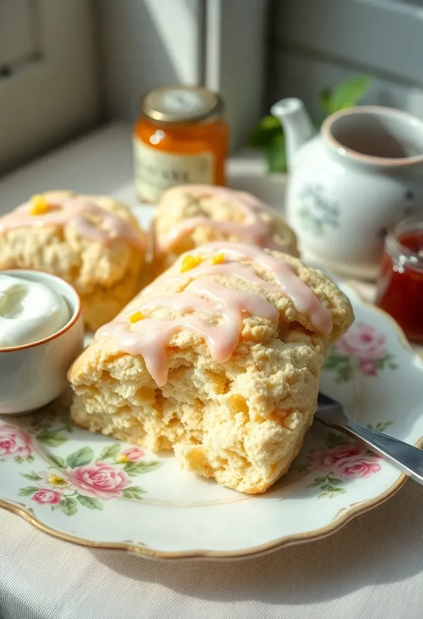 flaky rosewater lemon scones with pink glaze drizzle served on a floral plate with clotted cream