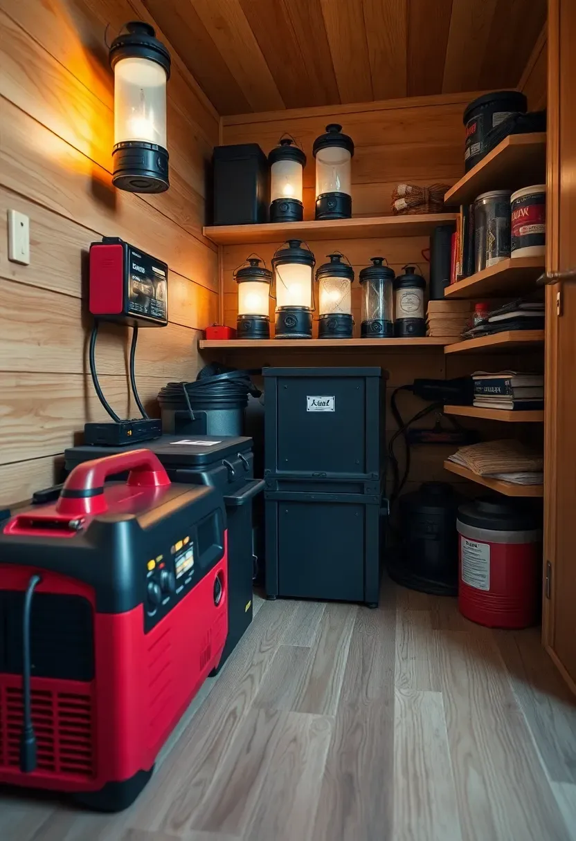 Hyper-realistic 3/4 view of tiny house utility corner showing emergency backup supplies including portable generator, battery bank, and LED lanterns. Materials: red portable generator, black battery backup power station, multiple LED lanterns, storage shelves with emergency supplies, light wood walls. Warm emergency lighting from lanterns creating glow, prepared survivalist aesthetic with organized emergency supplies, calm preparation mood. Shallow depth of field, sharp details on equipment and storage organization, visible tiny house scale with compact utility storage. No text, no logos, no watermarks.</p>