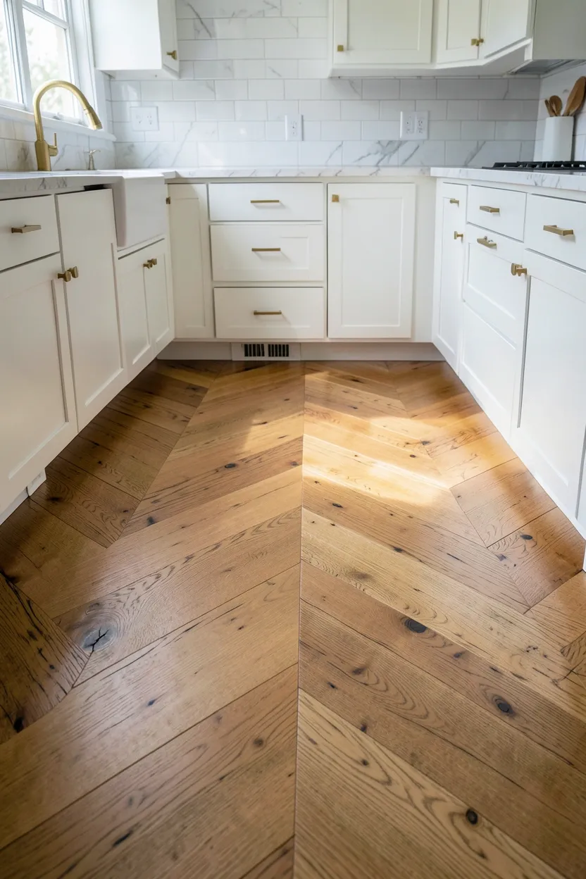 Hyper-realistic eye-level photograph of an elegant kitchen with chevron pattern hardwood flooring. The floorboards are arranged in a V-shaped chevron pattern with each board meeting at a precise angle. The wood is a warm natural oak with visible grain patterns. Above, white shaker cabinets with brass pulls. Marble countertops and white subway tile backsplash. Natural light streaming through windows, highlighting the floor pattern. Materials: white oak hardwood, white painted wood, marble, brass. Sophisticated and timeless elegant mood. Sharp focus on the chevron pattern and wood grain. No text, no logos, no watermarks.</p>