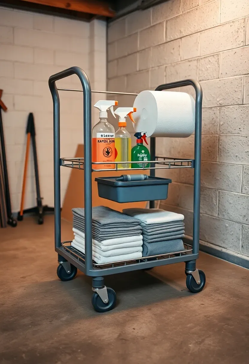 Three-tier rolling metal utility cart stocked with cleaning supplies, paint cans, and tools in a basement workspace