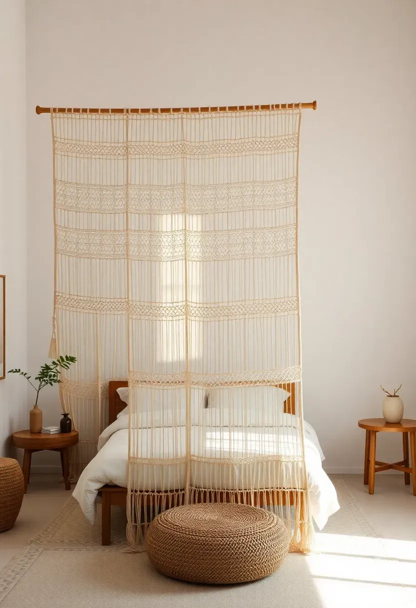 Hyper-realistic view of a minimalist boho bedroom featuring a floor-to-ceiling macramé room divider partially separating the bed area from a small seating corner. Materials: cream cotton macramé with intricate patterns, sheer quality allowing light through, white walls. Soft backlighting creating shadows through the weave. Minimalist composition with edited furniture on both sides. No text, no logos, no watermarks.</p>