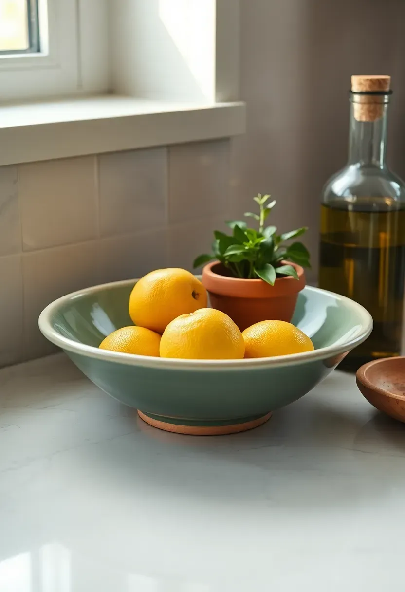 Kitchen counter seasonal display with a wooden bowl of ripe lemons, a small terracotta pot with basil, and a glass bottle with olive oil in warm afternoon light