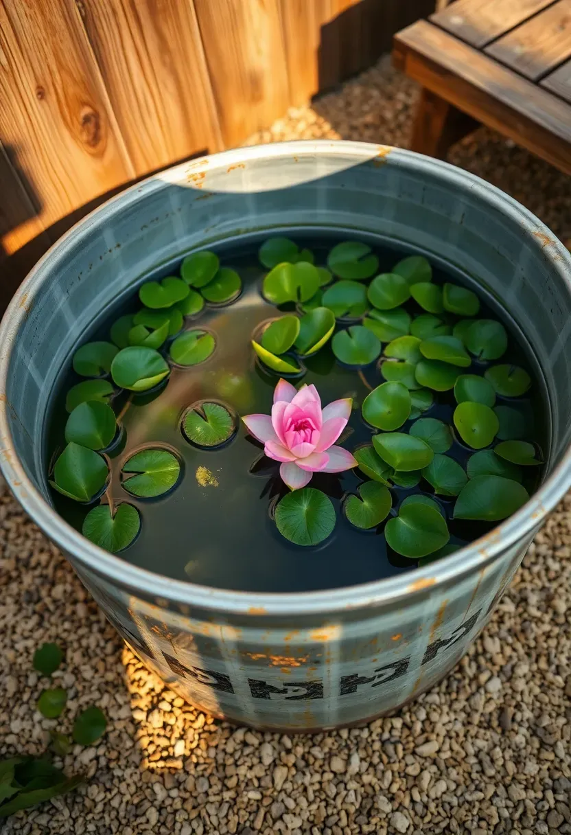 Galvanized stock tank converted into a small water garden with floating water lettuce, water hyacinth, and a dwarf water lily on a gravel patio