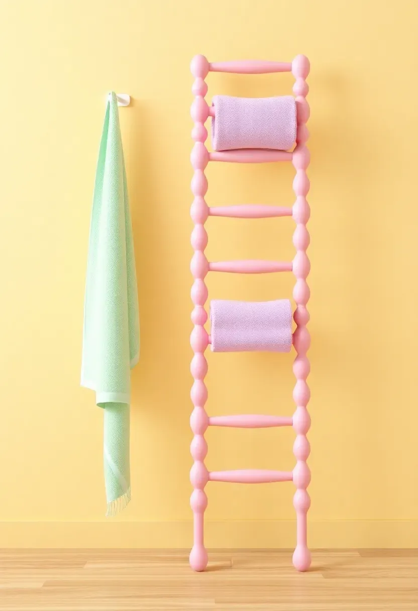 Pastel pink towel ladder with mint and lavender towels in a small apartment bathroom — renter-friendly storage alternative to wall-mounted bars