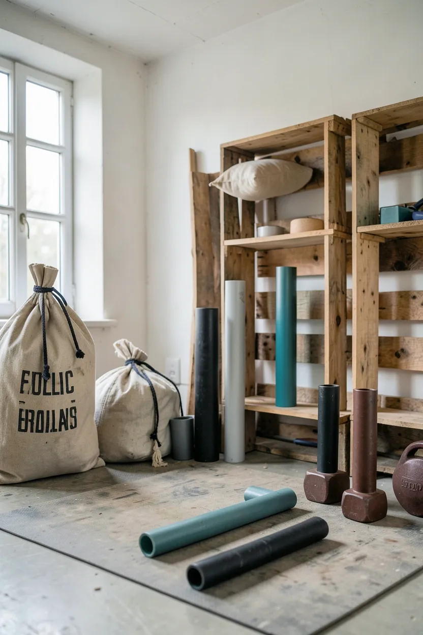 Budget DIY home gym setup with homemade sandbags, PVC pipe pull-up bar, yoga mat, and thrift store dumbbells under $200