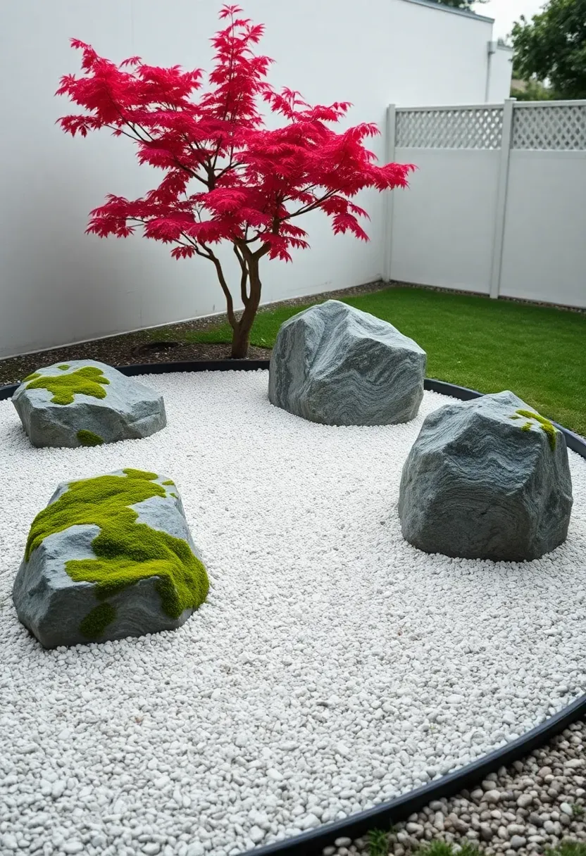 Minimalist zen rock garden corner with raked white gravel, moss-covered boulders, and a single Japanese maple in a peaceful backyard