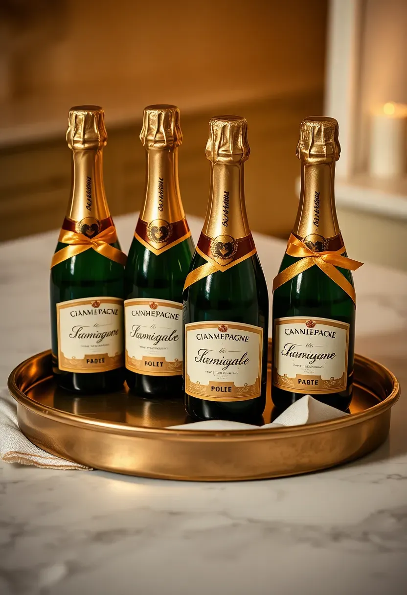 mini champagne bottles with custom baby shower labels and gold ribbon arranged on a tray