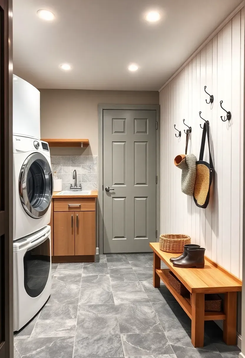 Basement entry area combining a laundry station with washer dryer and folding counter alongside a mudroom section with coat hooks, boot tray, and bench