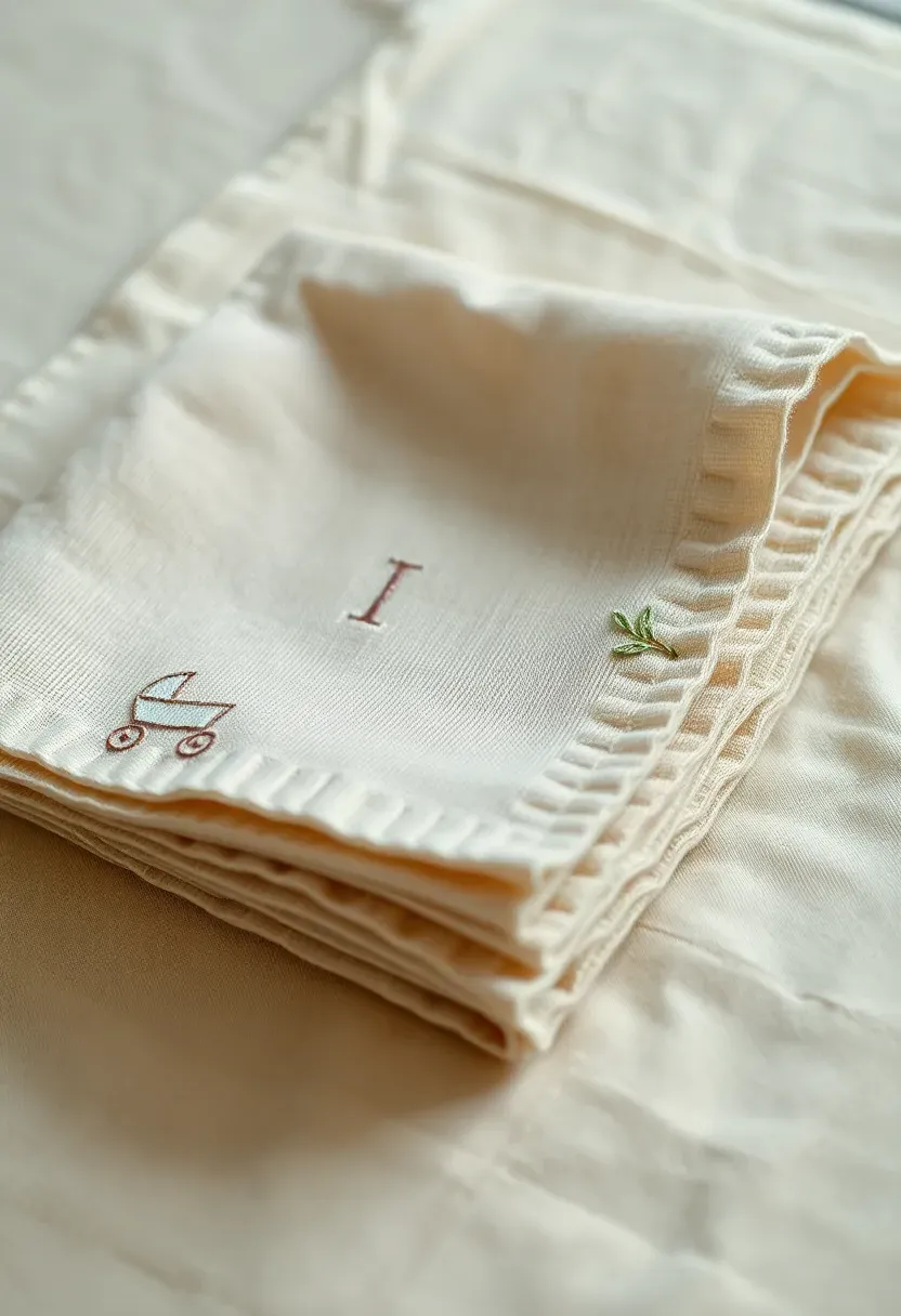 stack of embroidered linen napkins with baby monogram on a soft fabric background