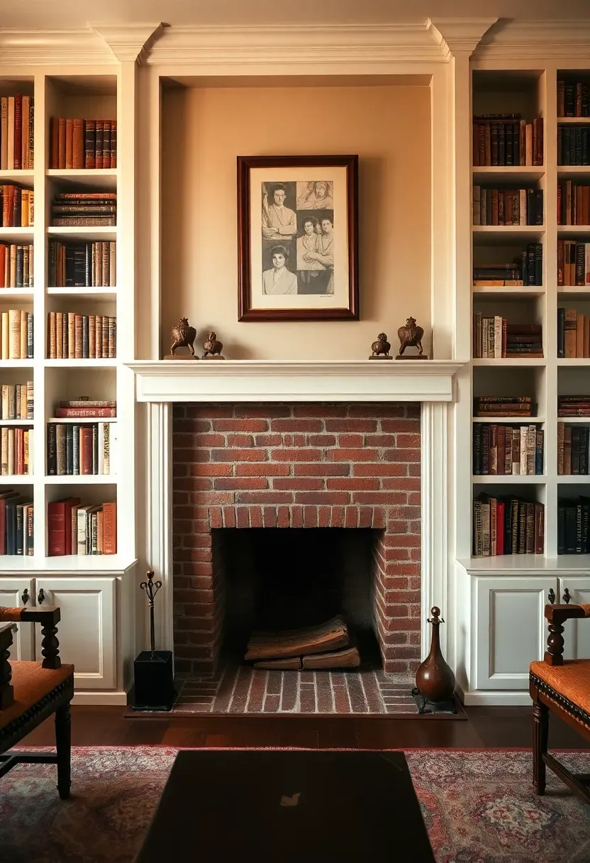symmetrical white built-in bookcases flanking a brick fireplace in a colonial study
