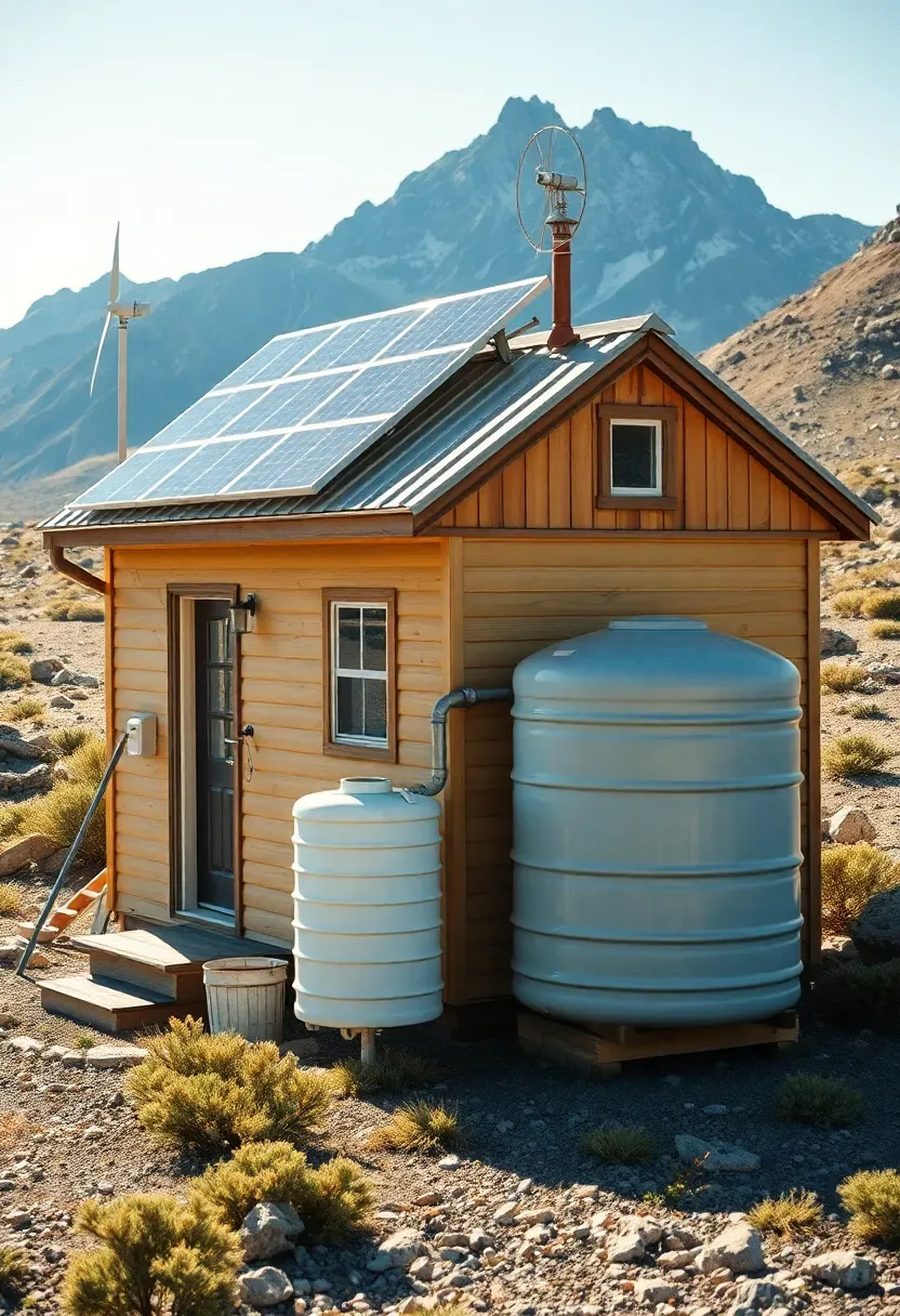 Hyper-realistic 3/4 view of tiny house in remote location showing off-grid systems including solar panel array on south-facing roof, water storage tanks on side of house, and small wind turbine nearby. Materials: tiny house with metal roof and solar panel mounting systems, visible water tanks and plumbing, small wind turbine on pole, rocky natural landscape with minimal vegetation, mountain backdrop. Bright natural daylight showing off-grid systems clearly. Shallow depth of field focusing on solar panels and water tanks, wind turbine and tiny house visible in background showing off-grid self-sufficiency. Off-grid independence aesthetic. No text, no logos, no watermarks.</p>