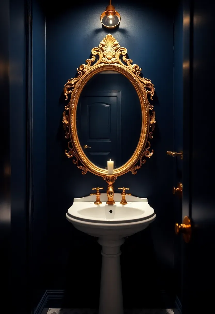Dramatic midnight navy powder room with gold-framed mirror and white pedestal sink