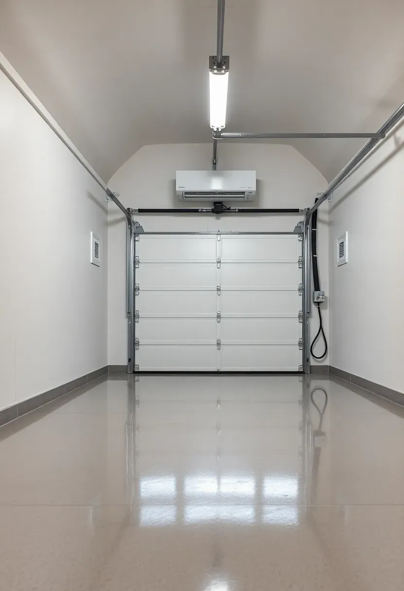 Climate-controlled attached garage interior with insulated walls, sealed floor, and mini-split HVAC unit mounted on wall
