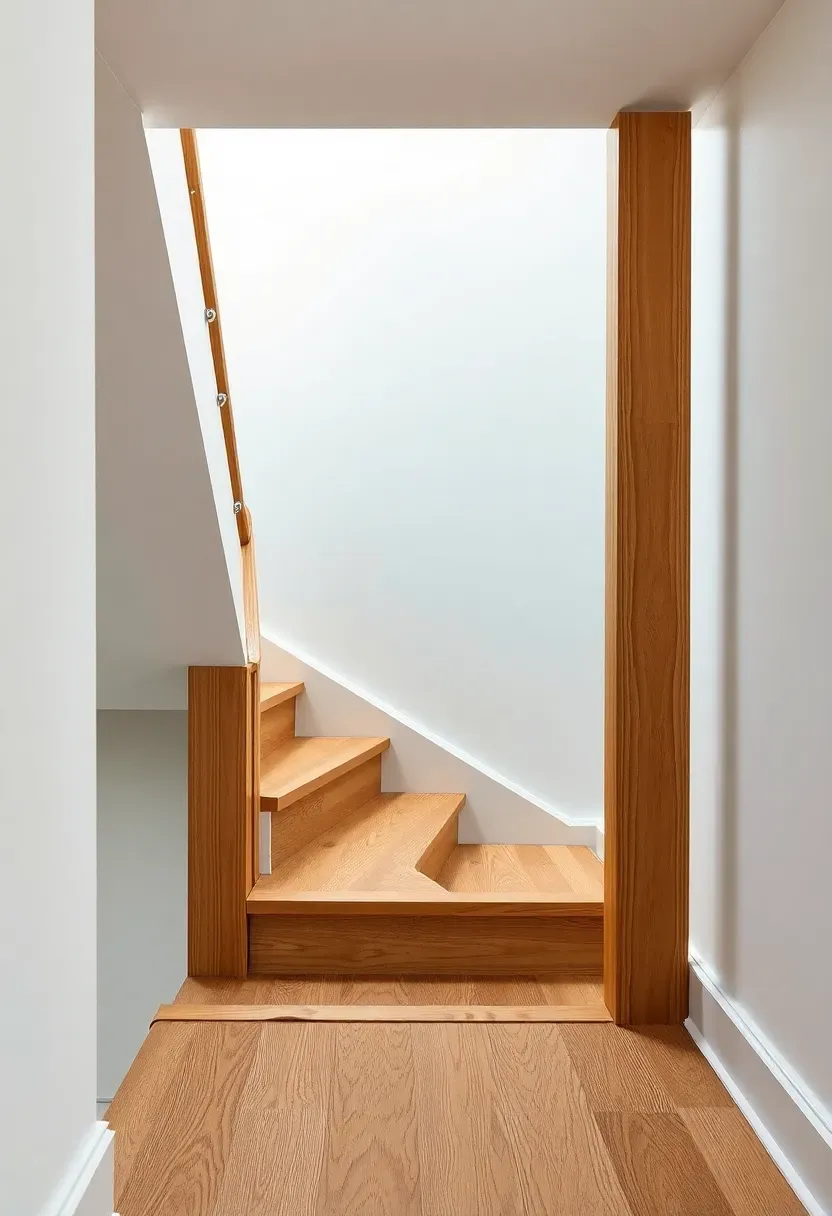 Basement staircase with horizontal stainless steel cable railing stretched between thick natural wood newel posts