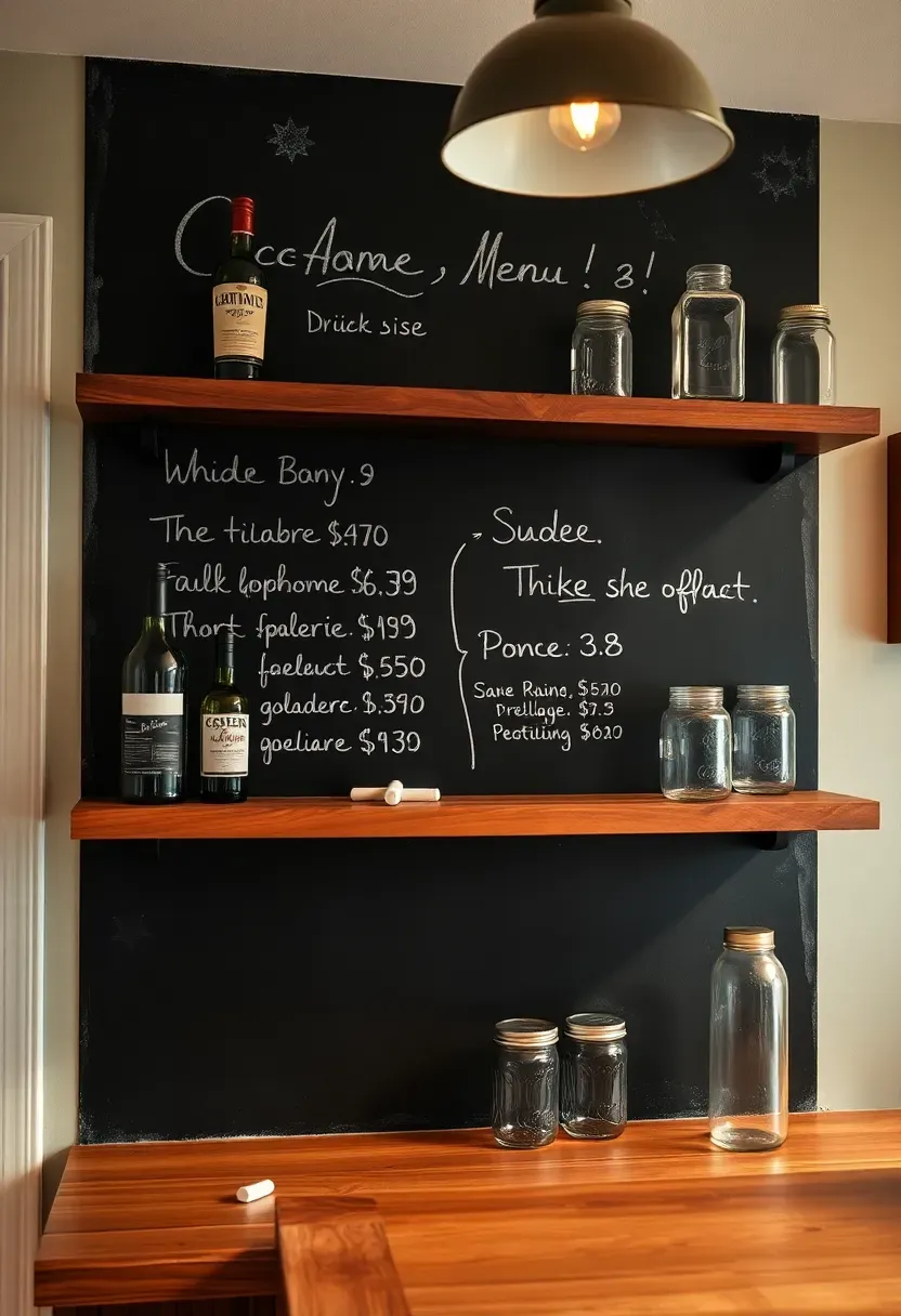 chalkboard paint backsplash behind a home bar with handwritten cocktail menu and floating shelves
