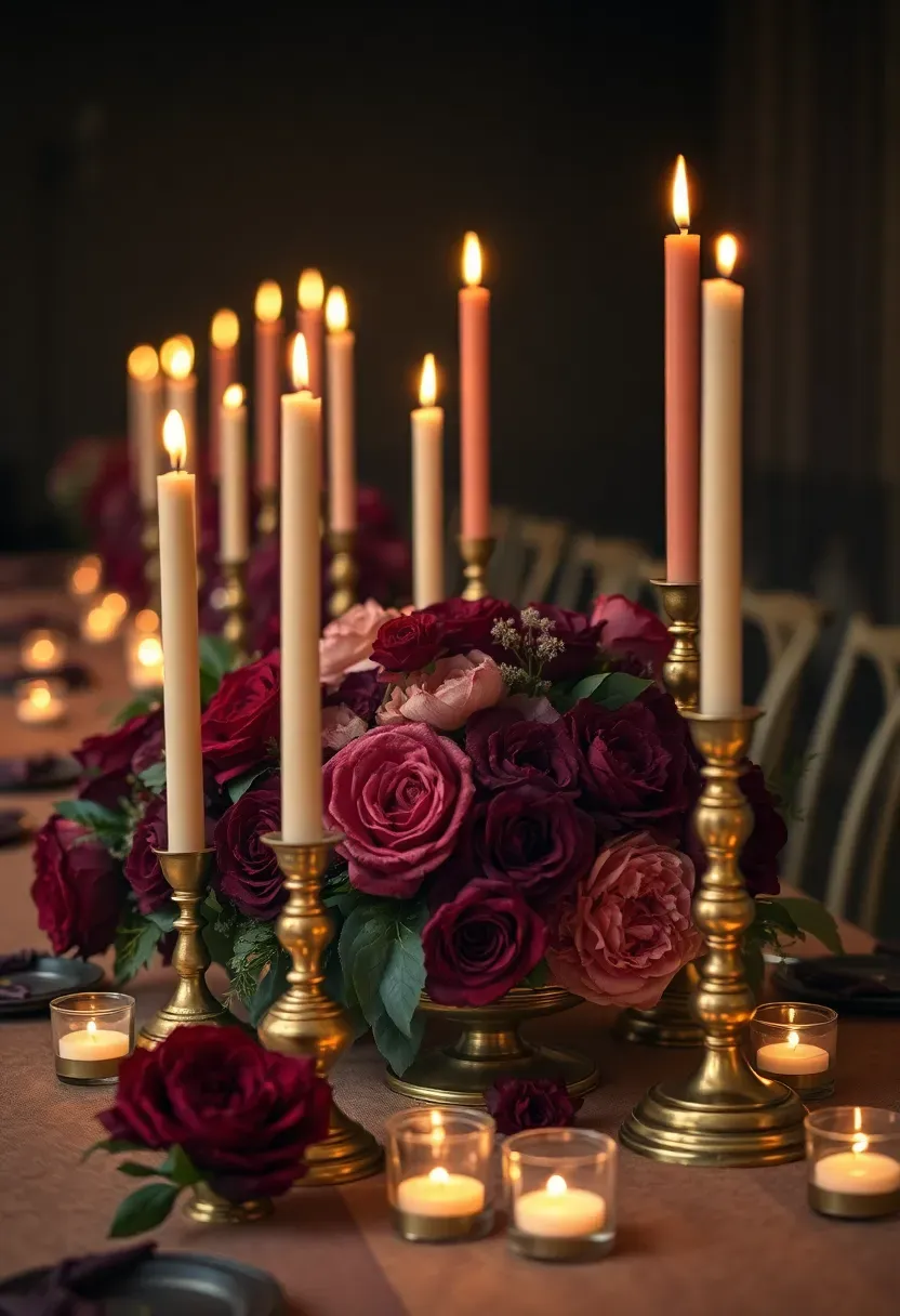 Romantic candlelit floral table with roses, peonies, and tapered candles in gold candlesticks for an evening wedding reception