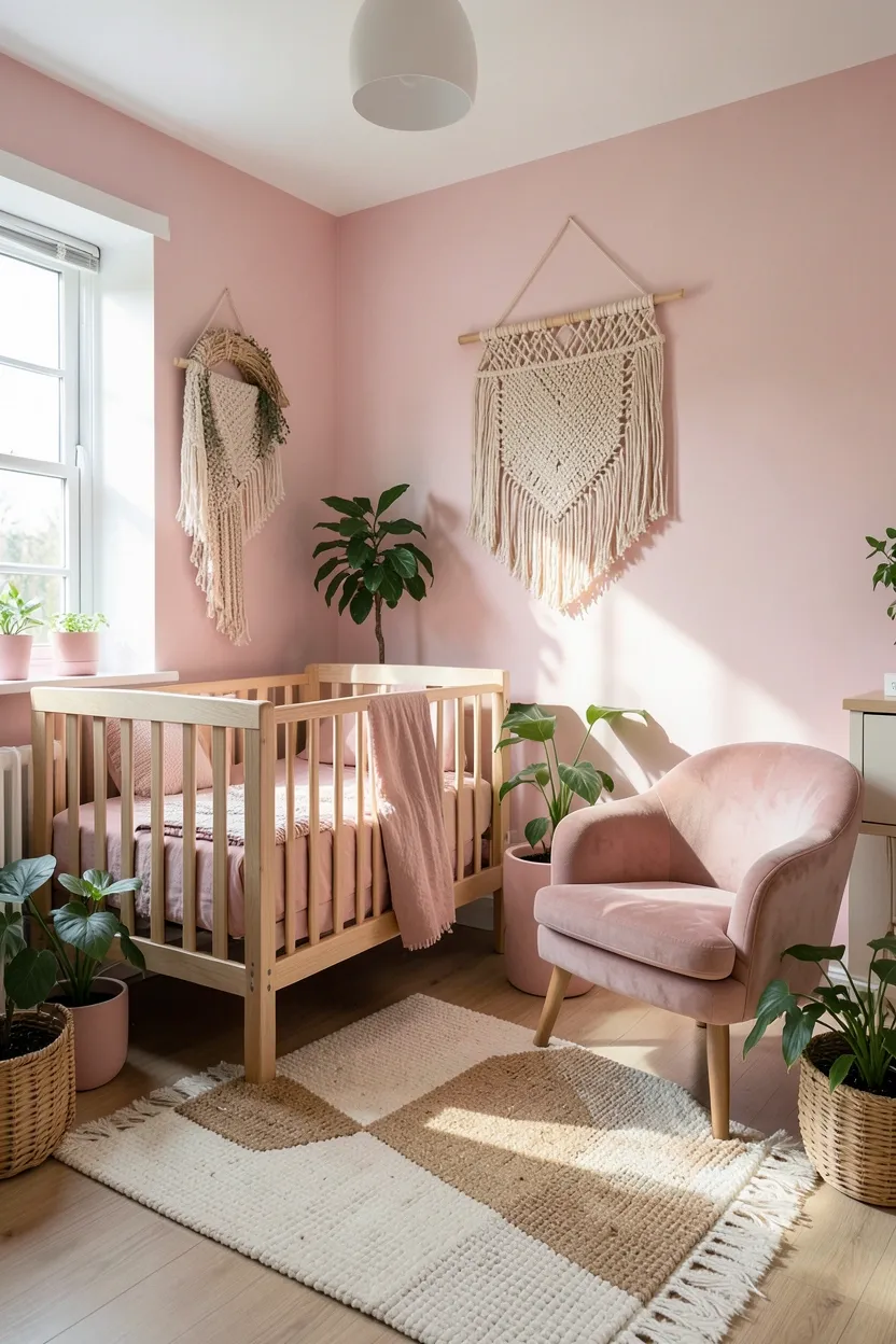 Complete pink boho nursery flooded with natural light — wooden crib, blush curtains, woven rug, and greenery in small apartment room