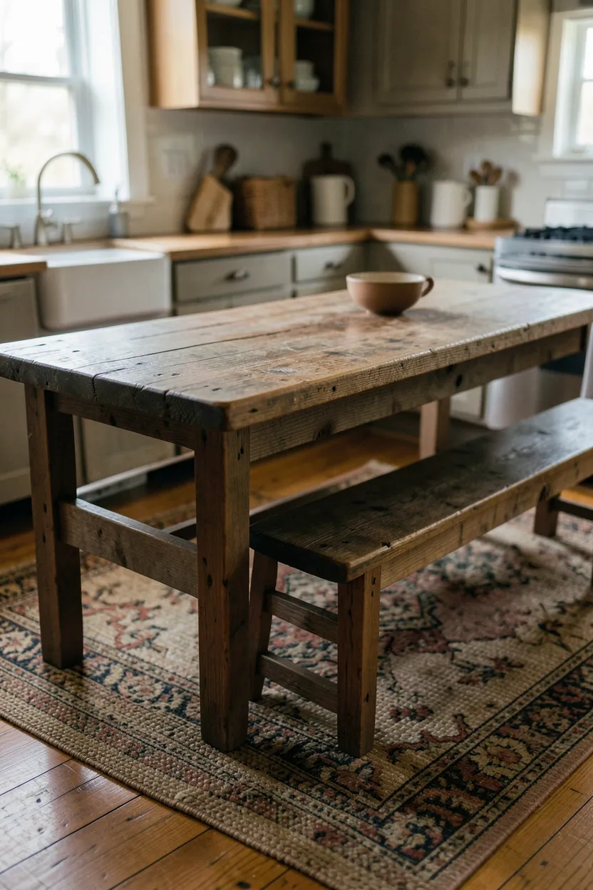 Reclaimed farm table used as kitchen island with wicker baskets stored below and bar stool seating