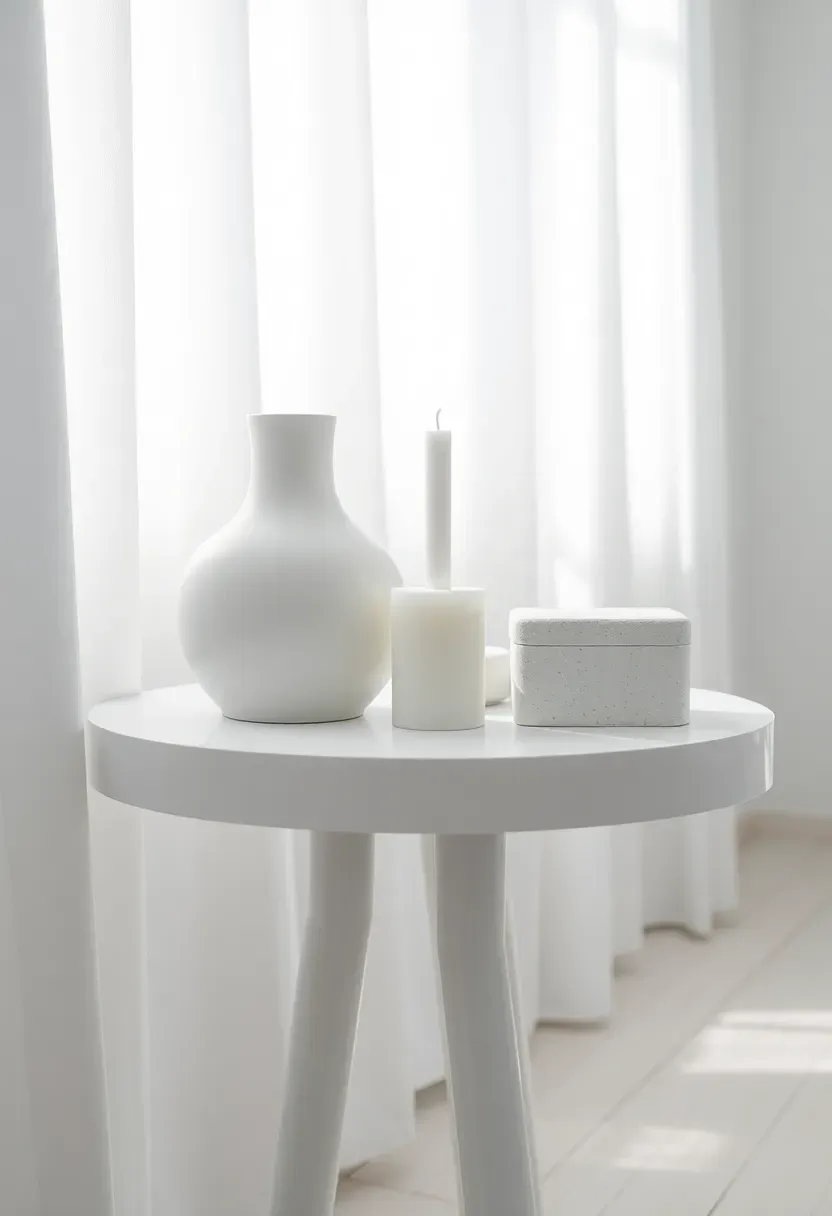 Monochrome white side table arrangement with white vase white candle and white ceramic box