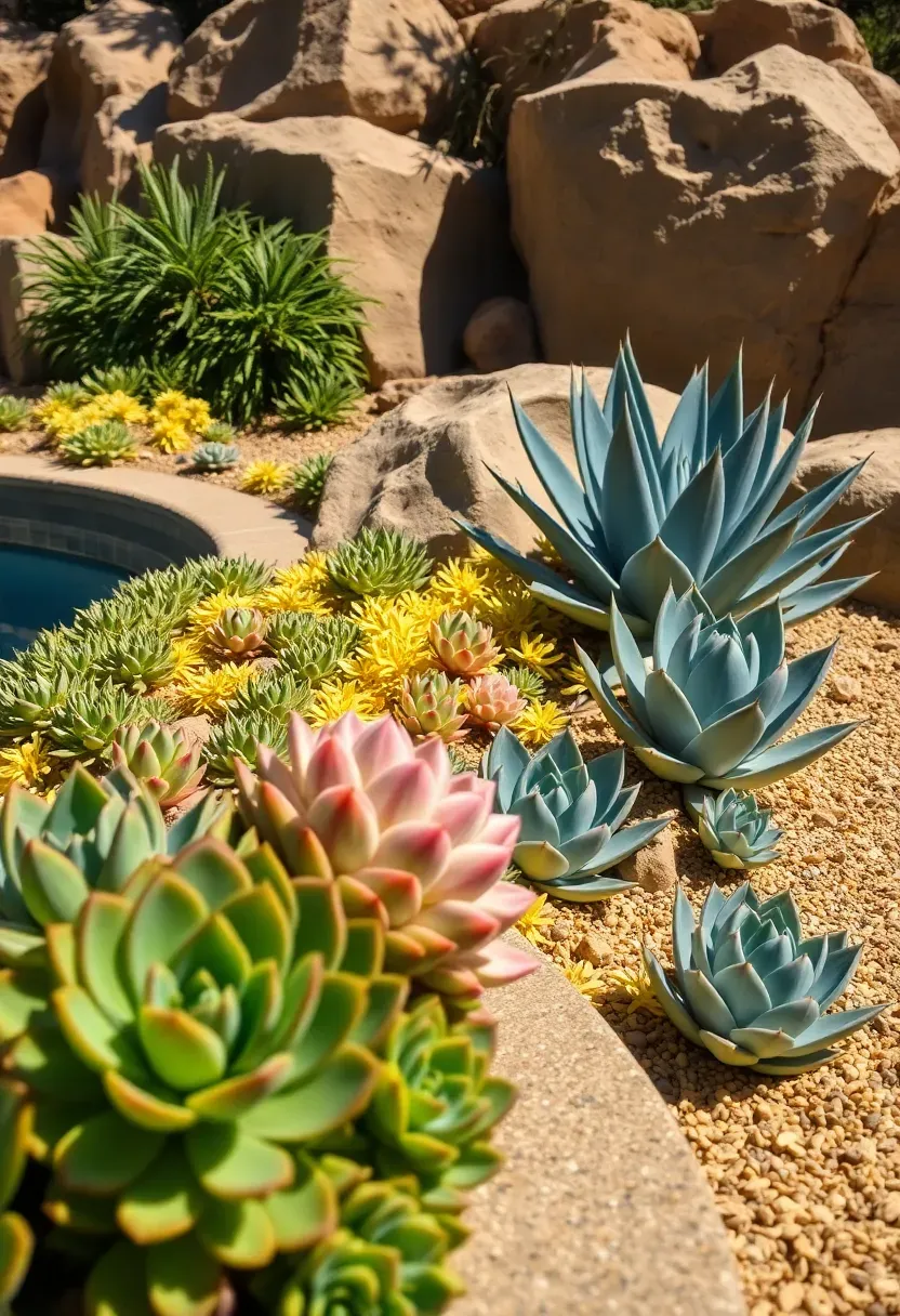 Pool edge bordered by a sloped rock garden of colorful succulents, echeveria rosettes, sedum, and agave among natural boulders and gravel
