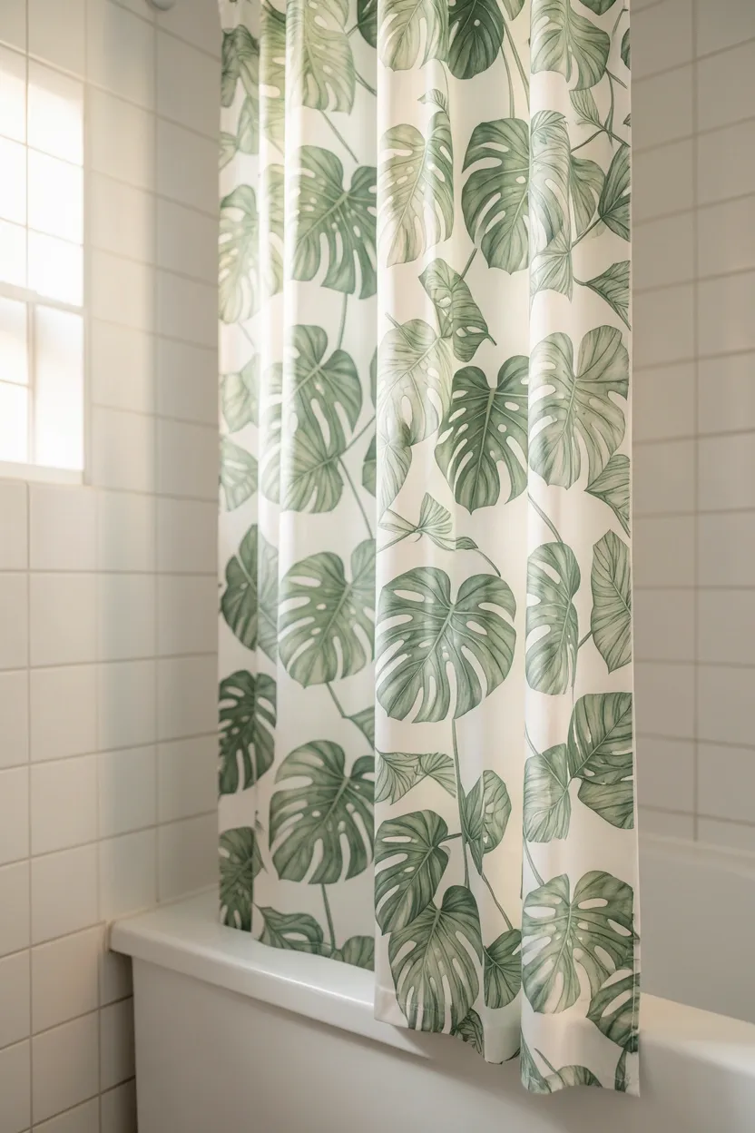 Bold botanical print shower curtain serving as statement art in a small neutral apartment bathroom