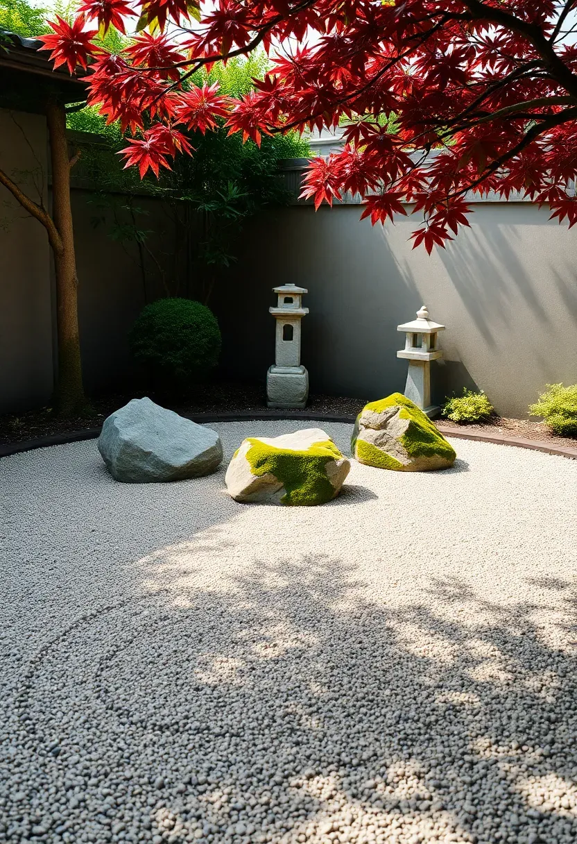 A Japanese-inspired zen garden corner with raked gravel, a few large moss-covered boulders, a stone lantern, and a single Japanese maple