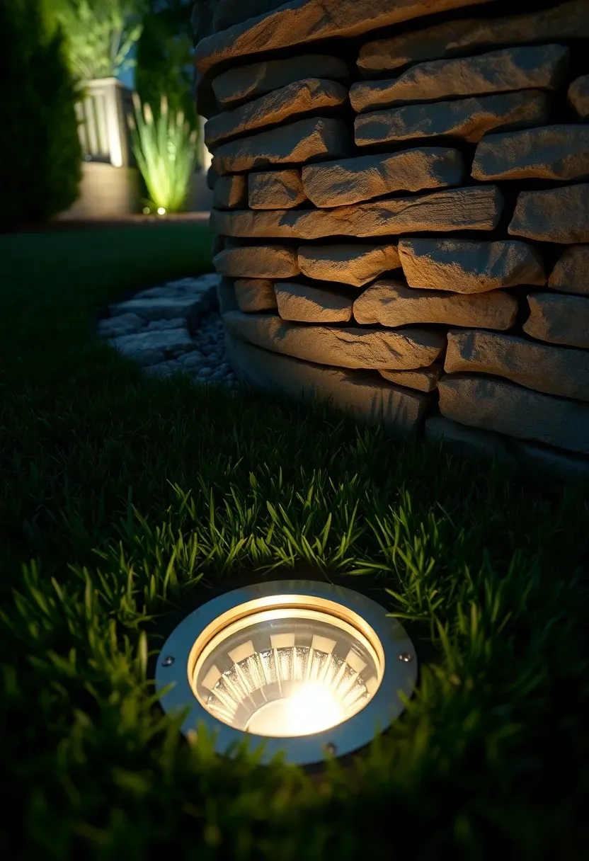 A flush-mounted brass ground well light in a lawn casting a wide uplight beam onto a nearby stone garden wall at night