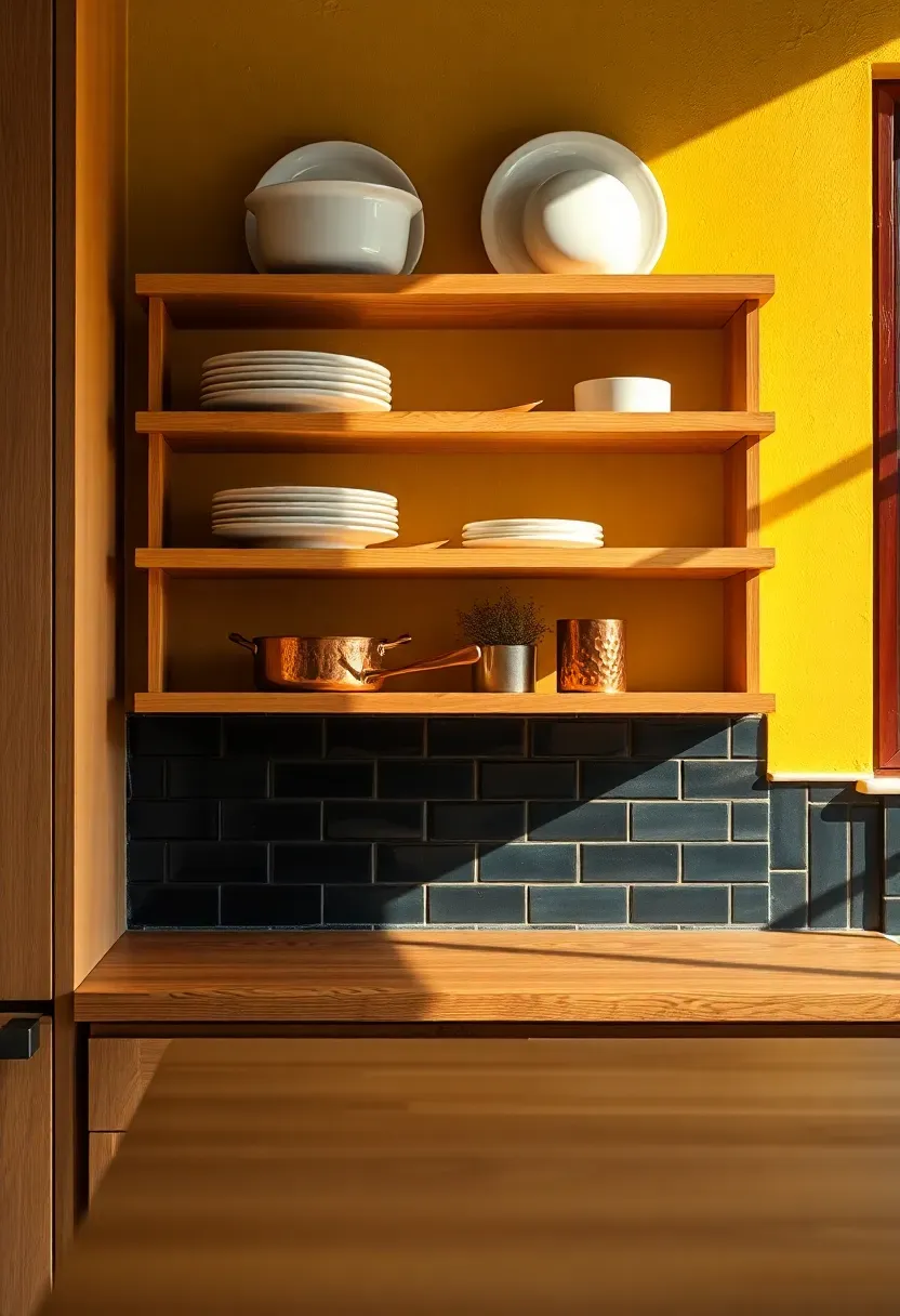 Eclectic kitchen with a vibrant mustard yellow accent wall behind open wooden shelving displaying white ceramics and copper cookware