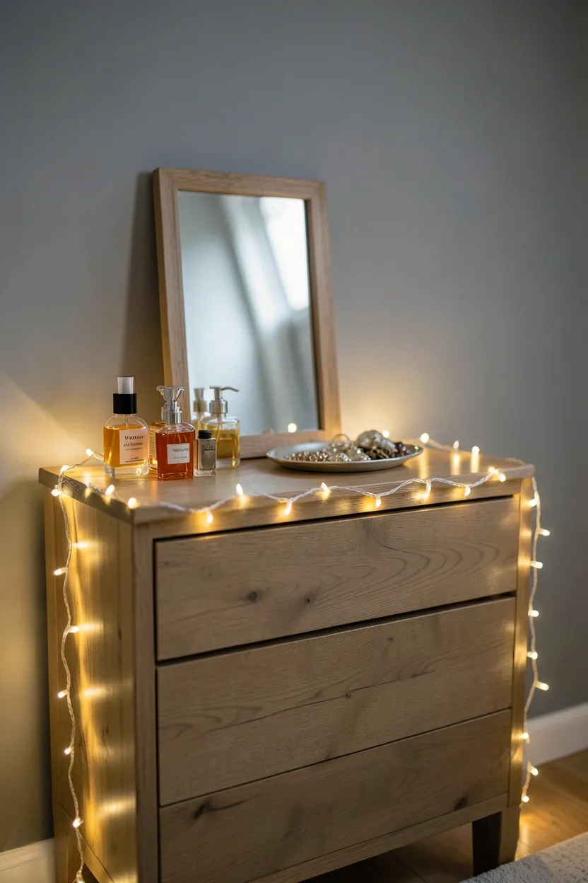 Hyper-realistic eye-level photograph of a wooden bedroom dresser with warm white fairy lights draped around the edges creating a glowing border effect. On top: perfume bottles, jewelry dish, small mirror with frame. Grey wall background, soft room lighting. Materials: natural oak wood, warm LED lights, glass perfume bottles. Elegant cozy mood. Shallow depth of field, sharp details on objects and light glow. No text, no logos, no watermarks.</p>