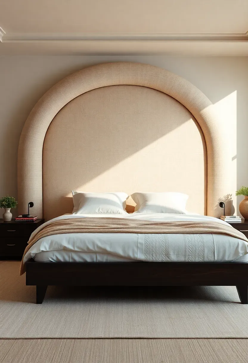 elegant bedroom with a large curved boucle fabric headboard in cream behind a bed with layered white and beige bedding