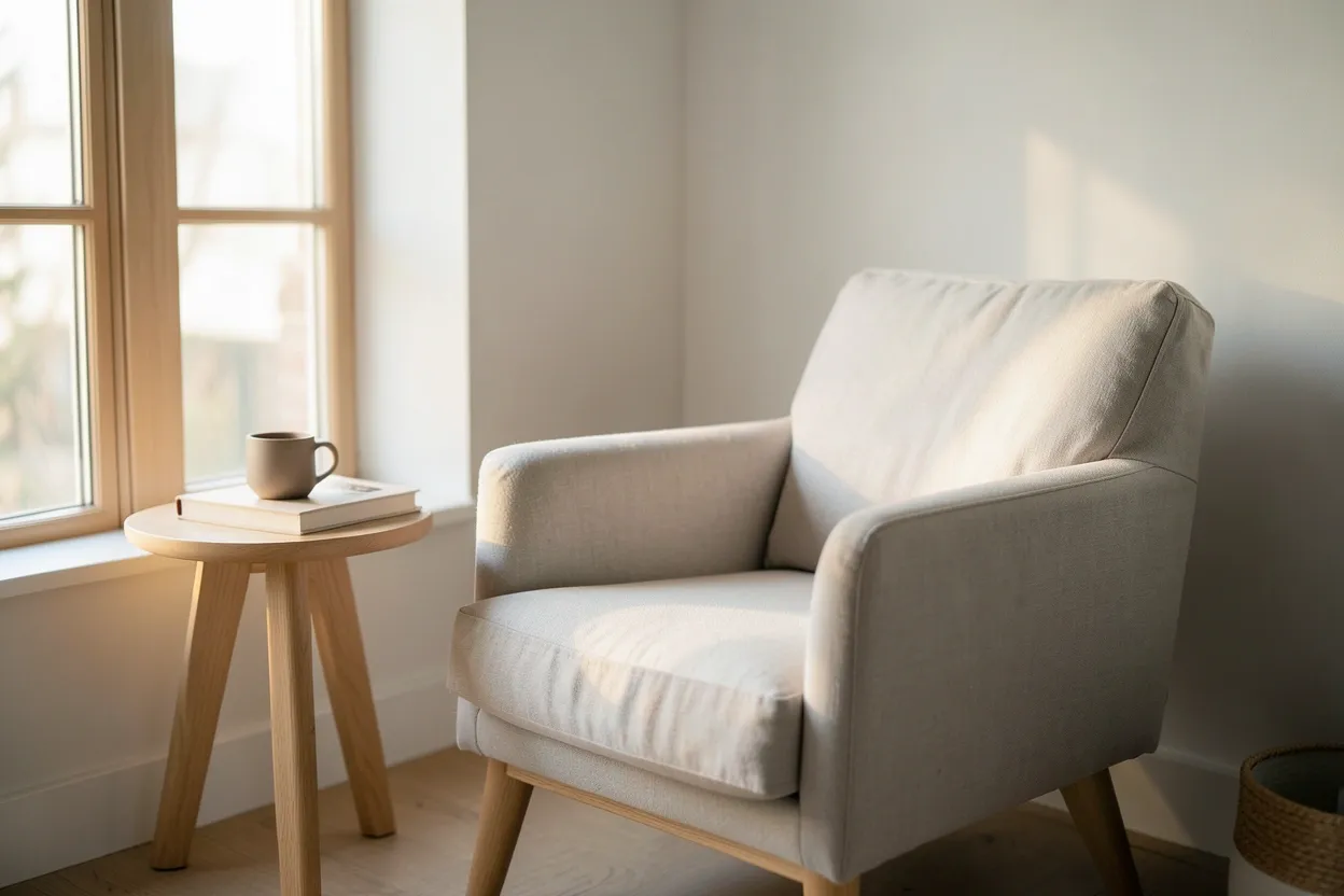 Minimalist bedroom reading nook with light armchair by a sunlit window, neutral tones, slim side table and floor lamp in a cozy rental bedroom