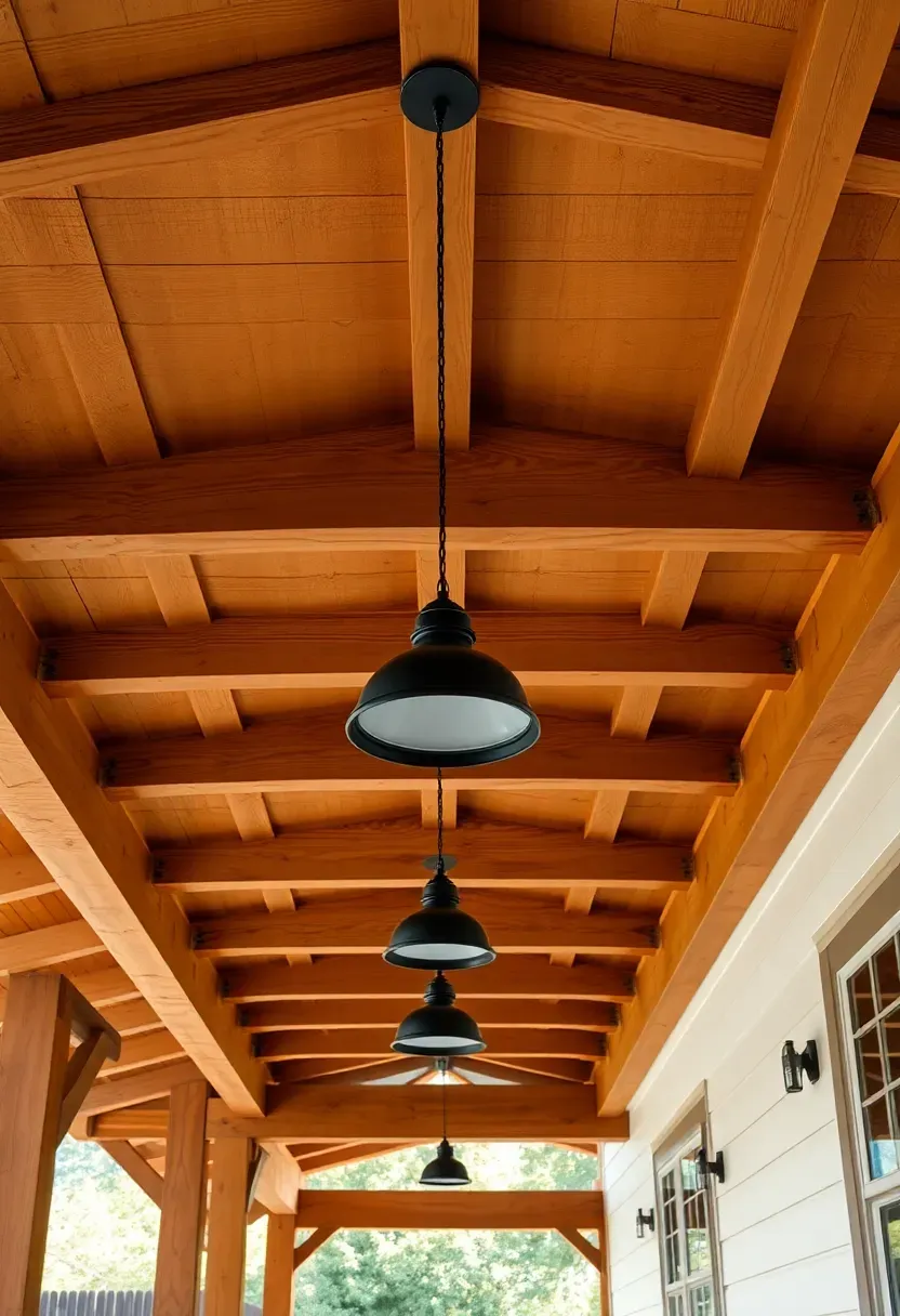 Covered backyard porch with exposed wooden rafters, stained beams, and pendant lights hanging between joists