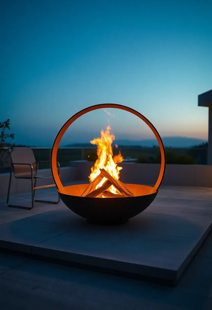 Hyper-realistic 3/4 view of a minimalist steel firepit showing a perfect circle or square cut from 1/2-inch thick plate steel (either raw dark finish or weathered corten with rust patina), positioned with wood fire creating dramatic upward glow, set on a smooth concrete or architectural slab surface, with minimal modern outdoor furniture positioned nearby. Materials: heavy plate steel with precise fabrication and clean welds, optional corten rust patina texture, smooth concrete architectural slab, minimalist powder-coated aluminum furniture, very restrained plantings. Twilight lighting with fire glow highlighting steel material quality and creating dramatic shadows from the precise geometric form. Sophisticated contemporary architecture aesthetic with museum-quality object presence. Shallow depth of field emphasizing firepit steel quality and fire foreground with furniture and architectural context visible beyond. No text, no logos, no watermarks.</p>