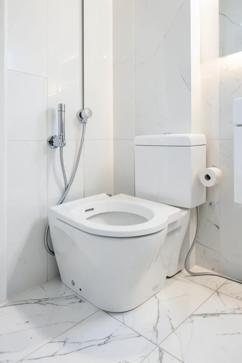 Sleek white porcelain bidet with chrome fixtures installed in a luxury elegant bathroom