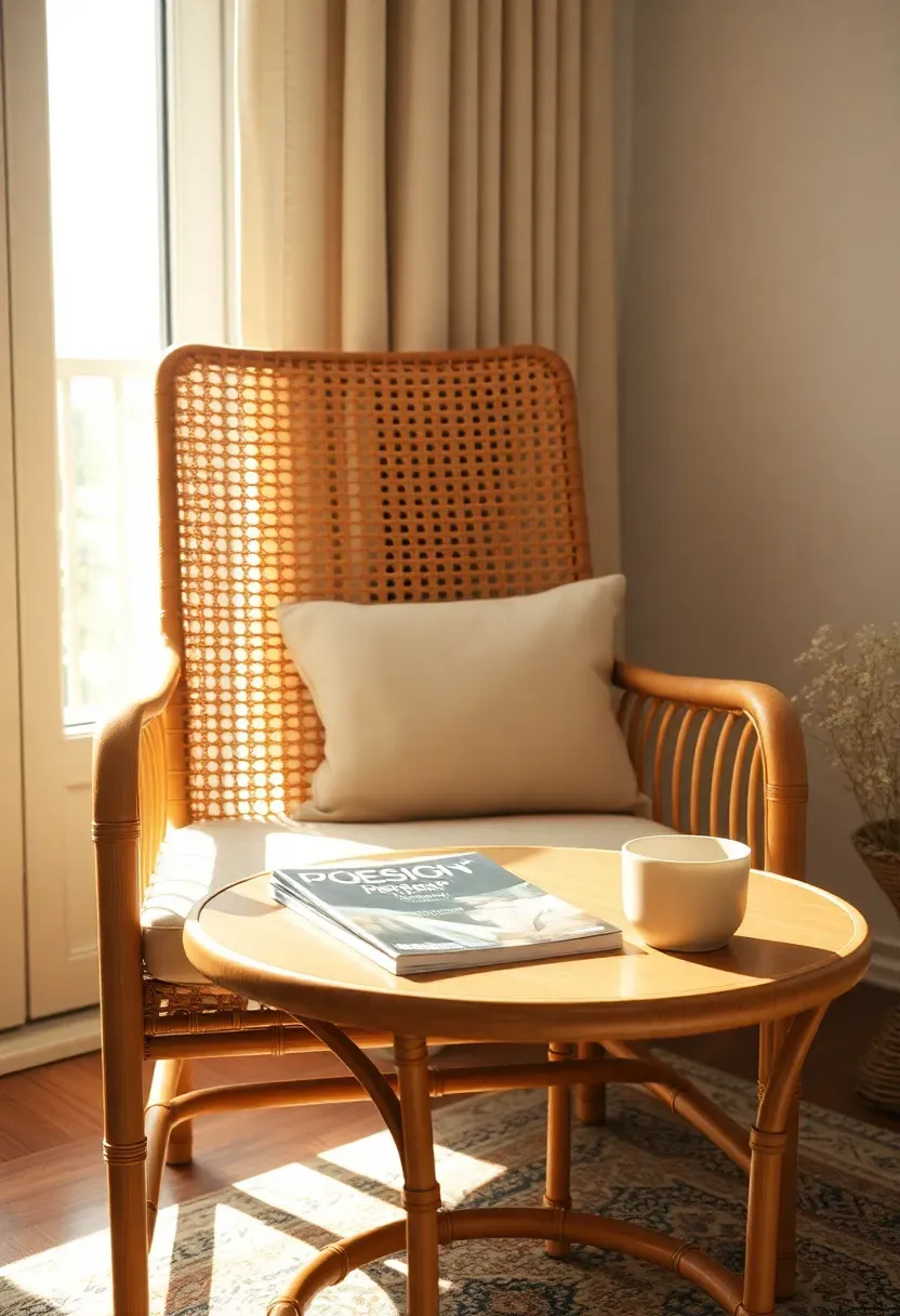 Apartment sunroom furnished with a cane-backed armchair and a round rattan side table, both in natural honey tones, a linen cushion on the seat, and a small stack of magazines on the table, bright window light behind